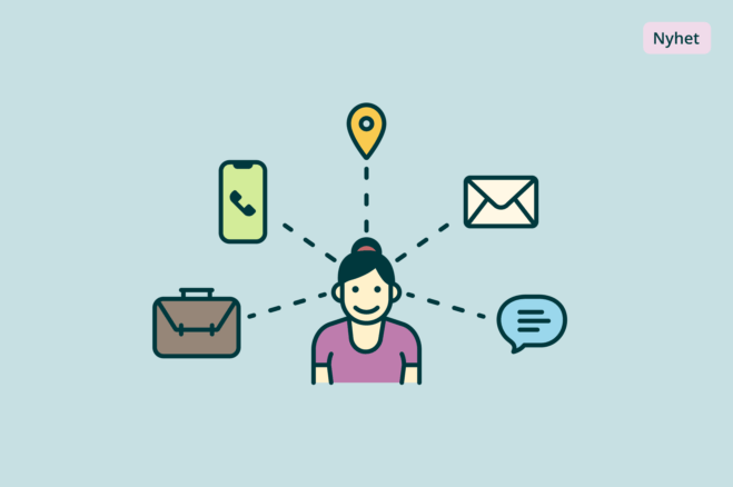 Illustrasjon som viser en person sentrert med symboler som representerer kontaktmetoder: telefon, lokasjon, e-post og taleboble.
