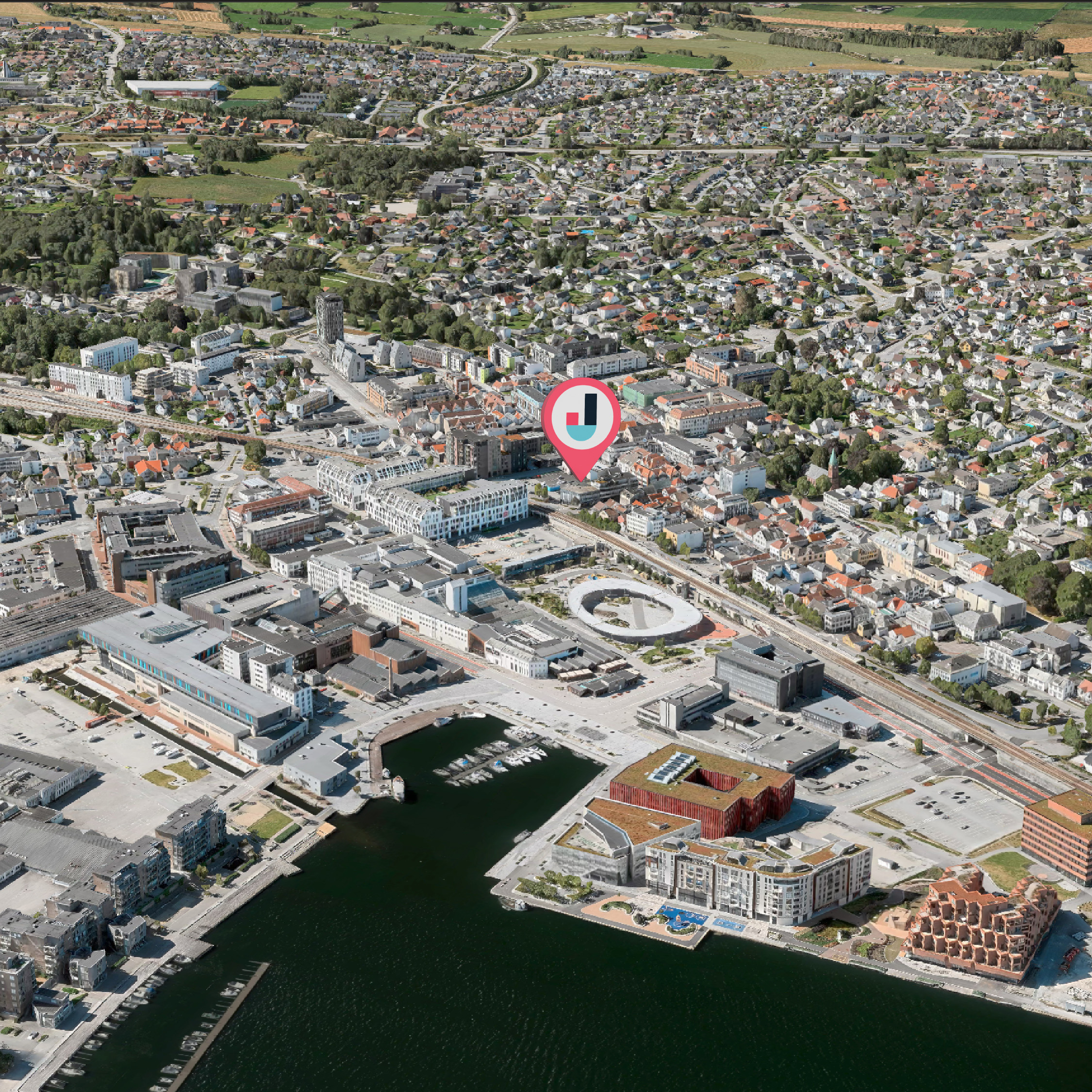 Oversiktsbilde av Sandnes Sentrum som viser hvor Jæren Sparebank skal åpne